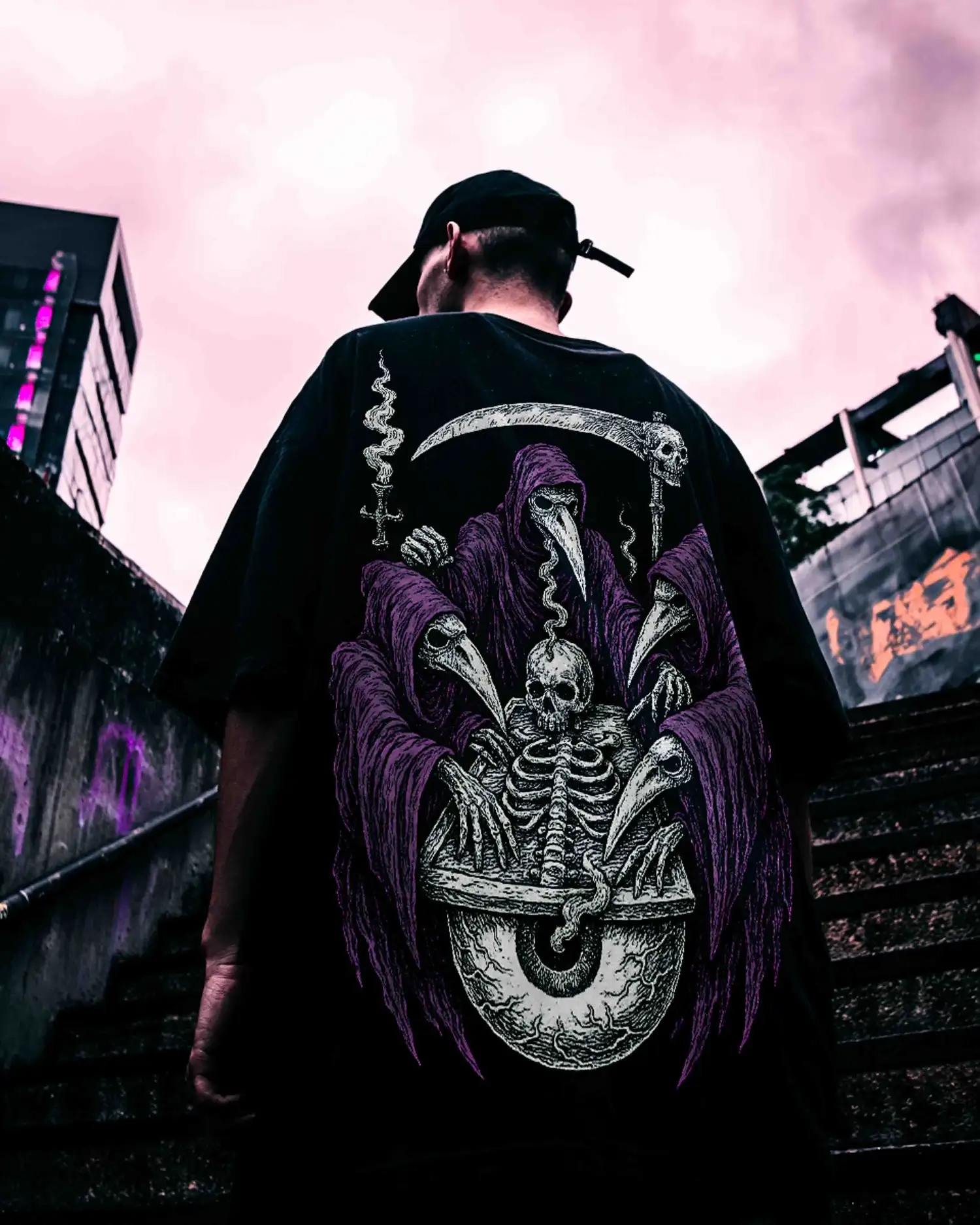 Men's Oversized T-shirt Plague Doctor Reaper Skull Sickle Short Sleeved T-shirt Gothic Dark Punk Metal Street Wear Casual Top