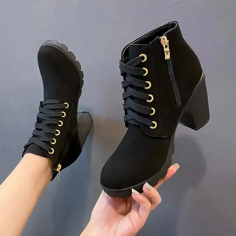 Spring style thick heel short boots women lace up round toe women boots frosted shoes women thick high heels botas mujer botines