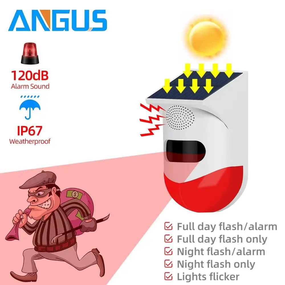 

Автономная наружная Солнечная инфракрасная сигнализация Angus, беспроводной Противоугонный сигнализационный контроллер, стробоскоп 120 дБ