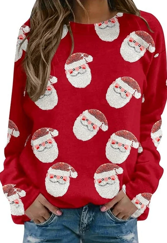 Women's Christmas Sweatshirt 2025 Autumn Winter Latest Santa Claus Print Casual Round Neck Long Sleeved Sweatshirt Pullover Top