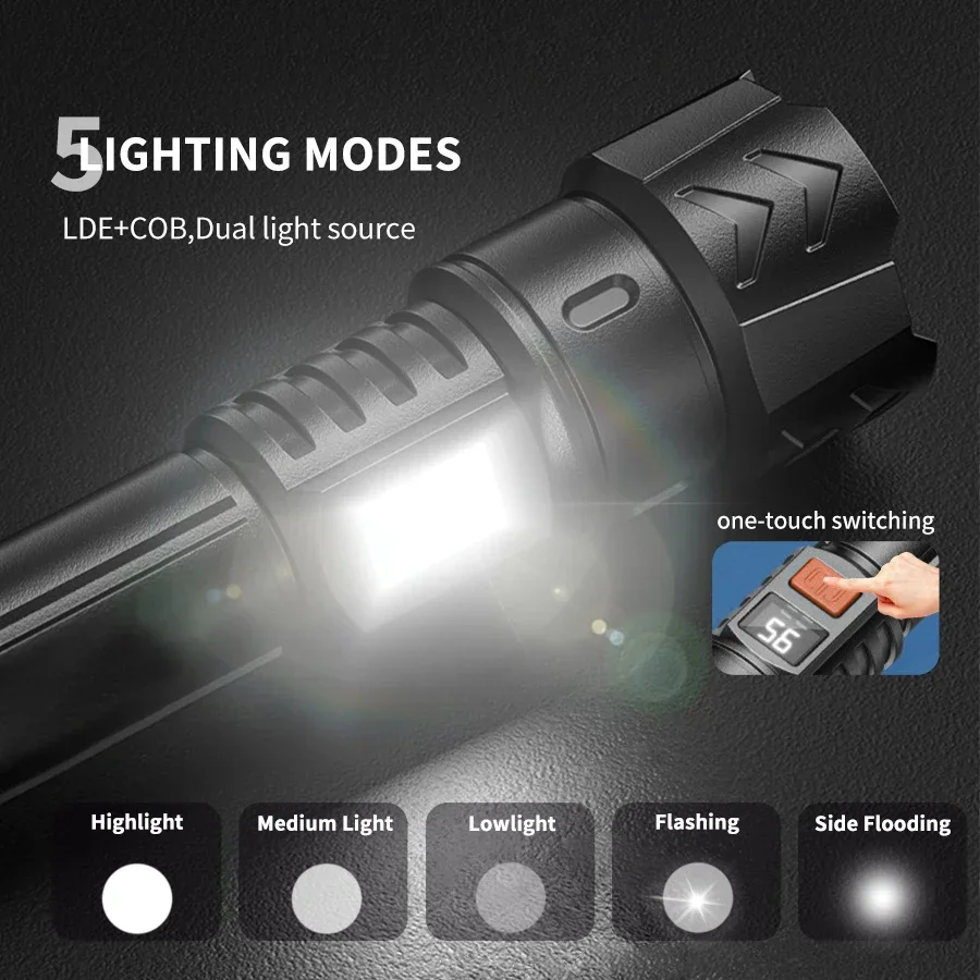 High Strong Power Led Flashlights 2000LM Tactical Torch with Display Light USB Charging Camping Fishing Emergency Zoom Lantern