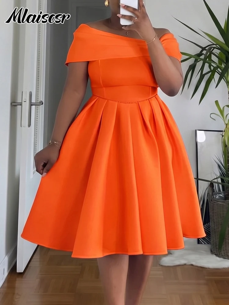 Mlaiscsr Orange Off The Shoulder Cocktail Dress Women Elegant A Line Flared Short Sleeve Formal Party Wedding Guest Midi Dress