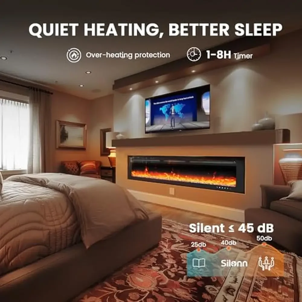 60" Electric Fireplace Heater with Smart App Control & Remote 5300 BTU Heat Output Ultra-Slim Wall-Mounted or Recessed 20 Flame