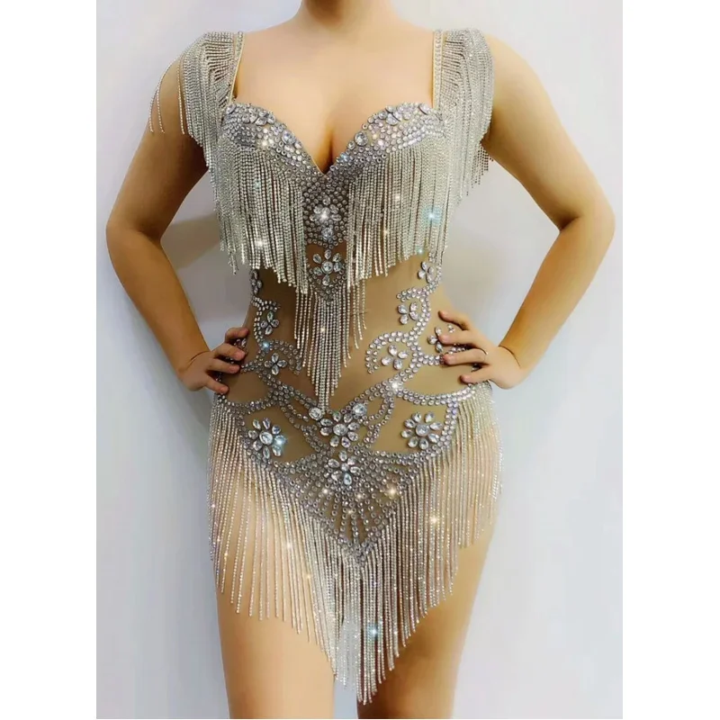 Rhinestones Fringes Mesh Sexy Bodysuit Women Birthday Celebrate Dress Costumes Outfit Prom Birthday Outfit