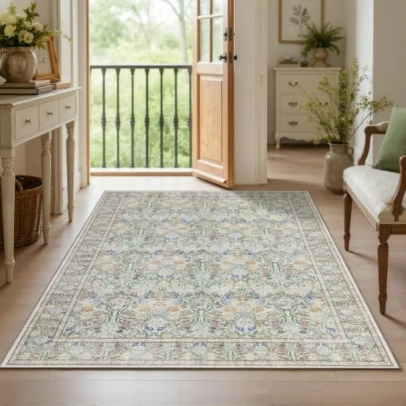 Hard Wearing Easy Clean Rug Vintage Floral Botanical Print Floor Rug for Living Room Entryway Home Thanksgiving