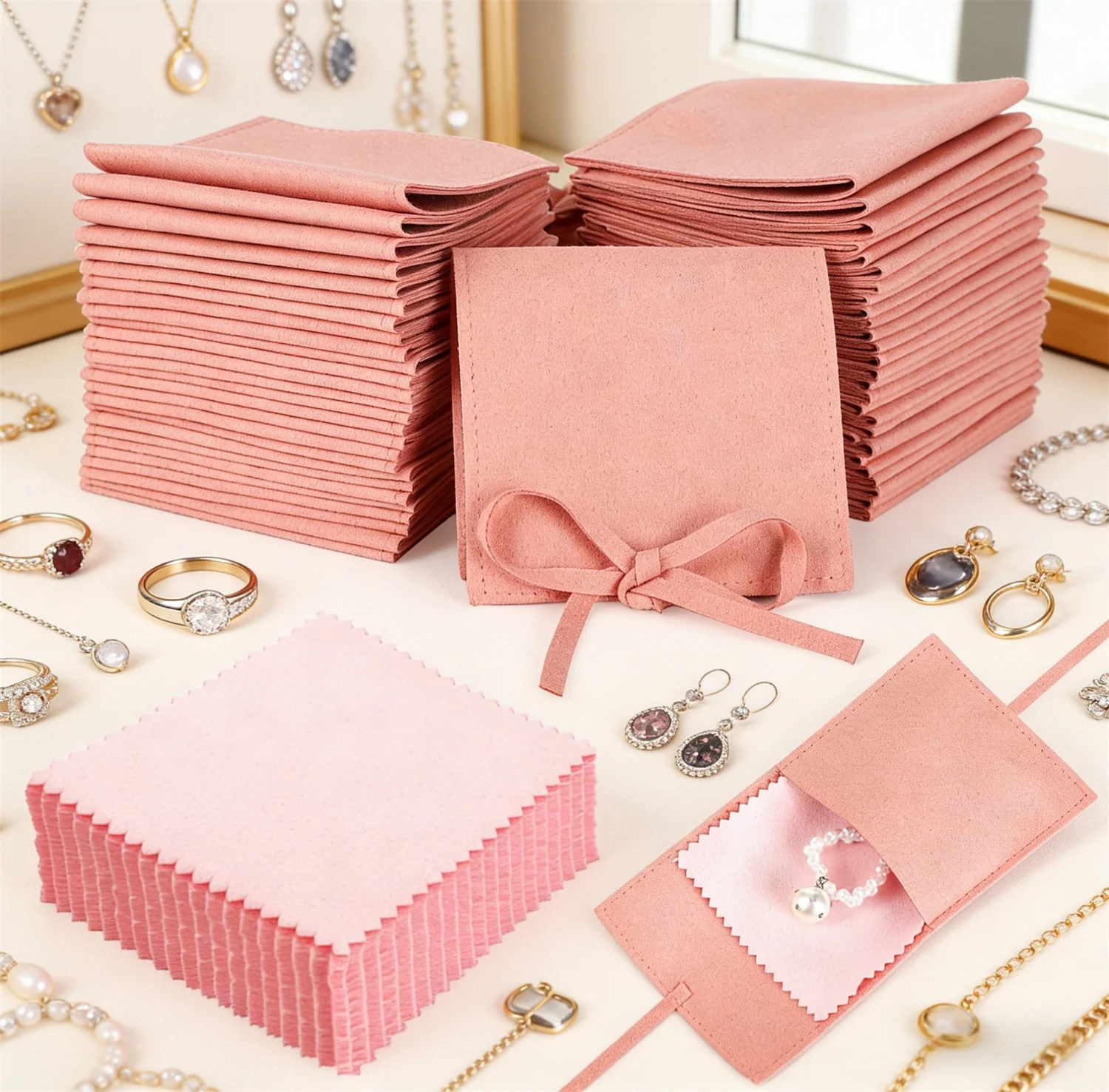120 Pcs Microfiber Jewelry Pouch 8 x 8cm Jewelry Packaging Bag Gift Bow Tie Bracelet with Cleaning Cloth (Pink)