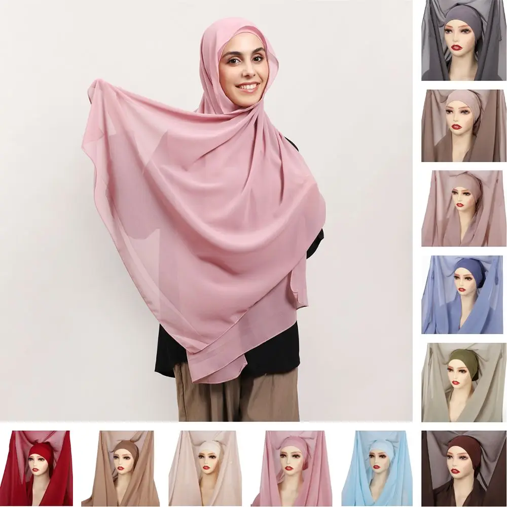 

2in1 Instant Chiffon Hijab Scarf Bulit-In Magnets Solid Color Muslim Long Headscarf Breathable Easy To Wear