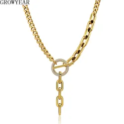 Circle Rhinestone Crystals Lock Stainless Steel Long Chain Tassel Pendant Necklace Choker Cuban Link Chain Statement Necklace