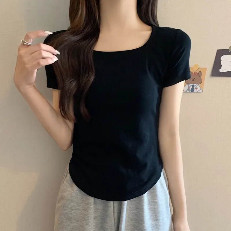 Women's Summer New Slim Fit T-Shirt U-Neck Square Collar Top Smooths Your Silhouette Unique Niche T-Shirt For Women