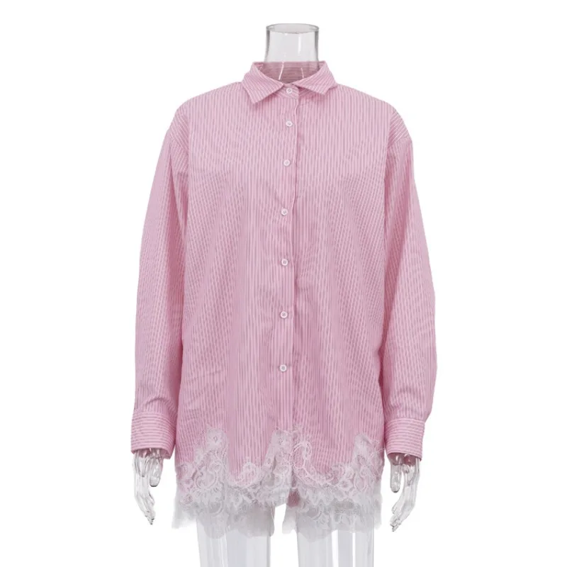 Sommer Damen Gestreiftes Spitzen-Loungewear-Set Zweiteiliges Set Übergroßes Hemd mit Kragen Rüschen-Spitzenbesatz Shorts Lässige Nachtwäsche Passendes Outfit – Detail 2