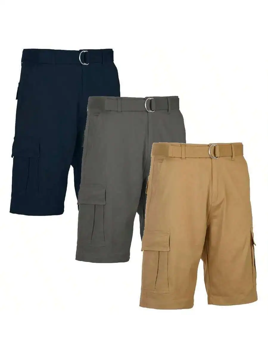 

3-Pack Mens Belted Cotton Cargo Shorts Casual Outdoor Summer
