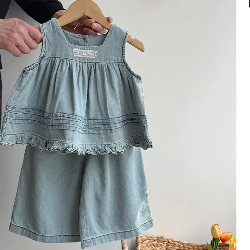 2025 New Summer Kids Clothes Children Clothes Suit Sleeveless Denim Vest+Pants 2-6Yrs Baby Girls Cowboy Clothing Set