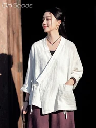 OriGoods Kimono Shirt Women Ramie Cotton Long Sleeve Kimono Cover Up Summer 2024 New Japanese Style Loose Tops Woman C051