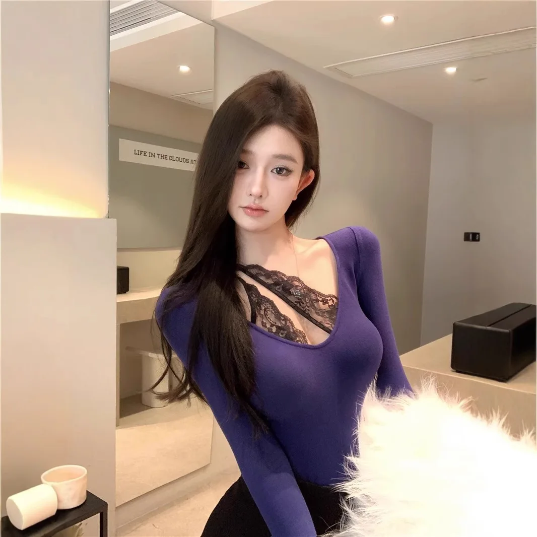 Sweet Style Lace Patchwork Short Sleeve Women's T-shirt Slim Fit Cotton Polyester Material Long Sleeve Ultra Thin Base Top