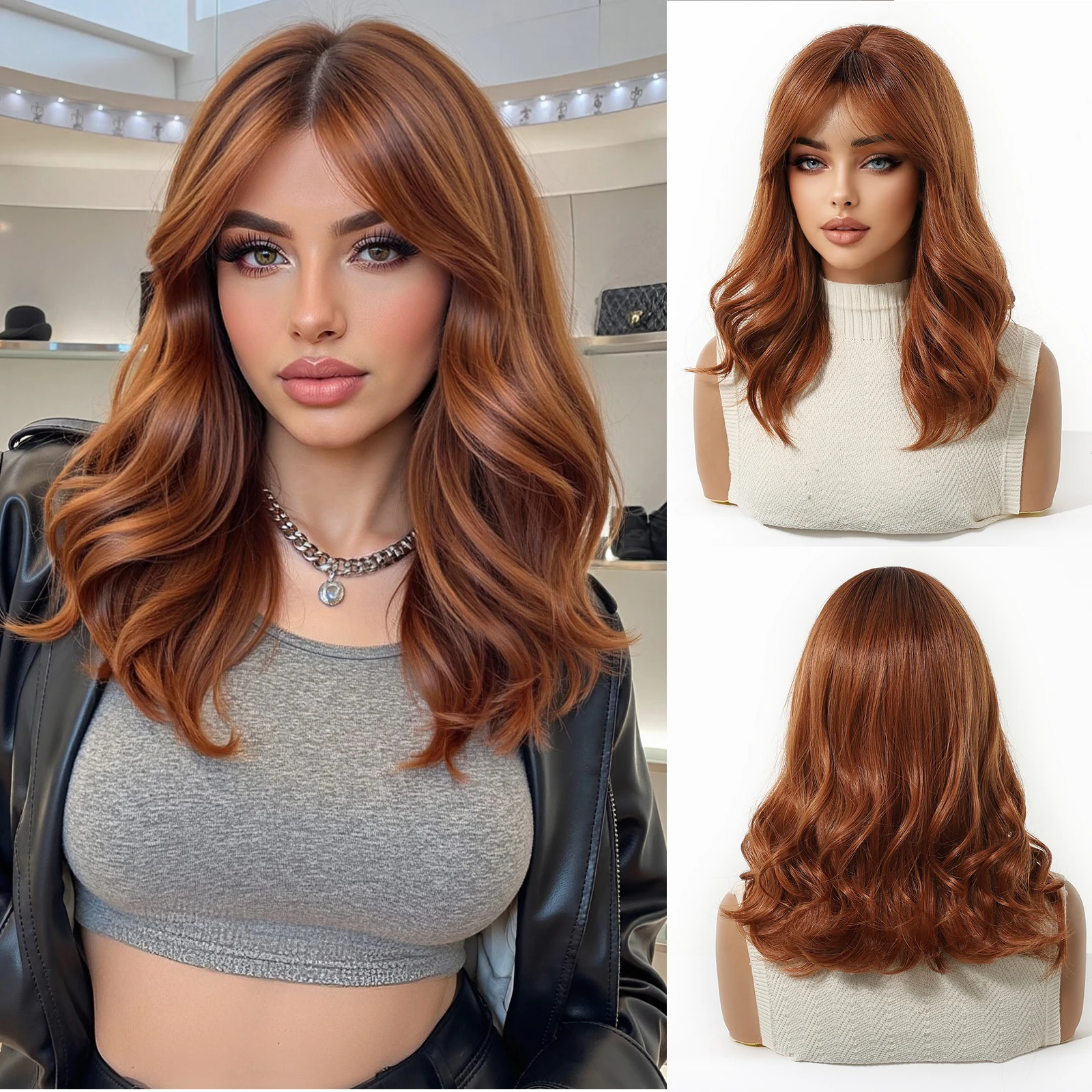 

ALAN EATON Honey Brown Ombre Synthetic Wig Wavy Medium Length Wig for Women Use Natural Daily Cosplay Wigs Heat Resistant Fiber