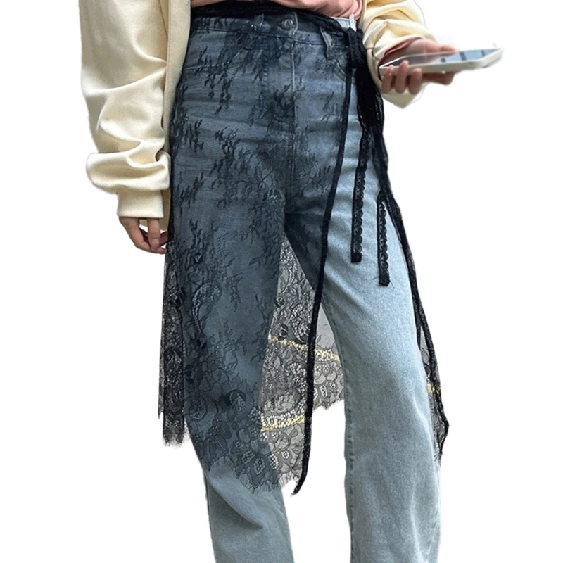 

Винтажная длинная юбка-накидка с цветочным узором и кружевом, на завязках, для женщин, прозрачная, в стиле эстетик, F3MD