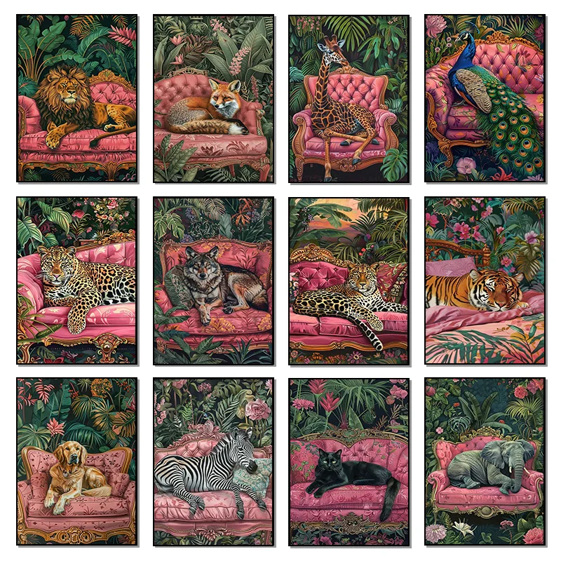 Animals on The Sofa Painting Posters Elephant Zebra Snake Leopard Prints Canvas Printing Retro Wall Art Picture for Home Decor