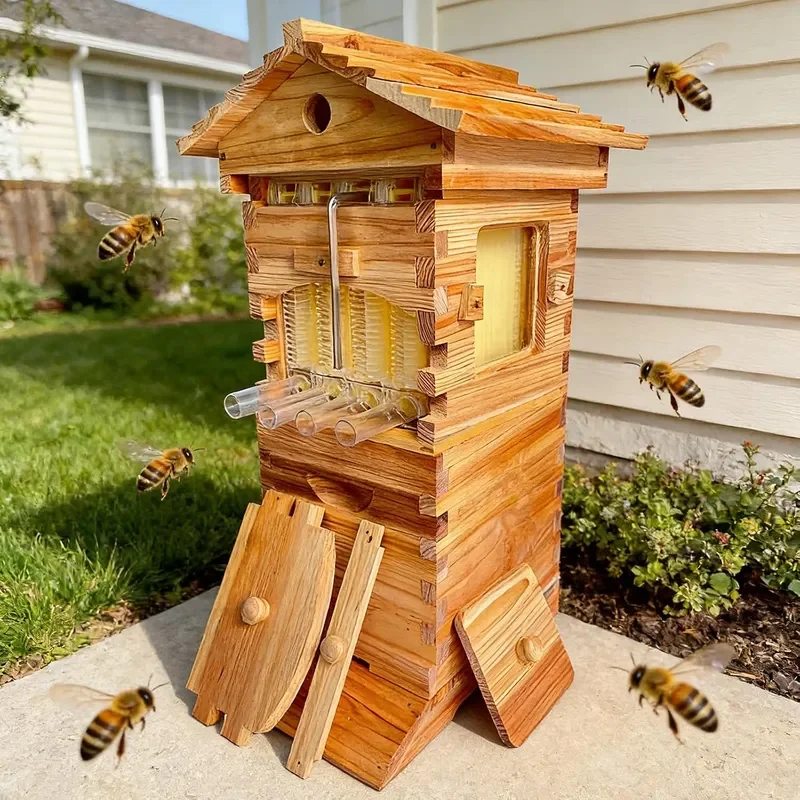Hive for Small Spaces Compact Self-Flow Beehive Wooden Beehive with Plastic Honey Comb Viewing Window for Balcony Patio