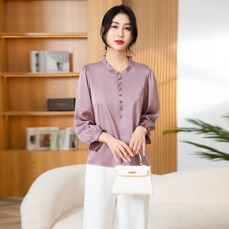 Women\'s High Quality Silk Ruffled Elegant Blouse Korean Fashion Solid Slim Office Lady Casual Shirt Long Sleeve Chic Tops Blusas