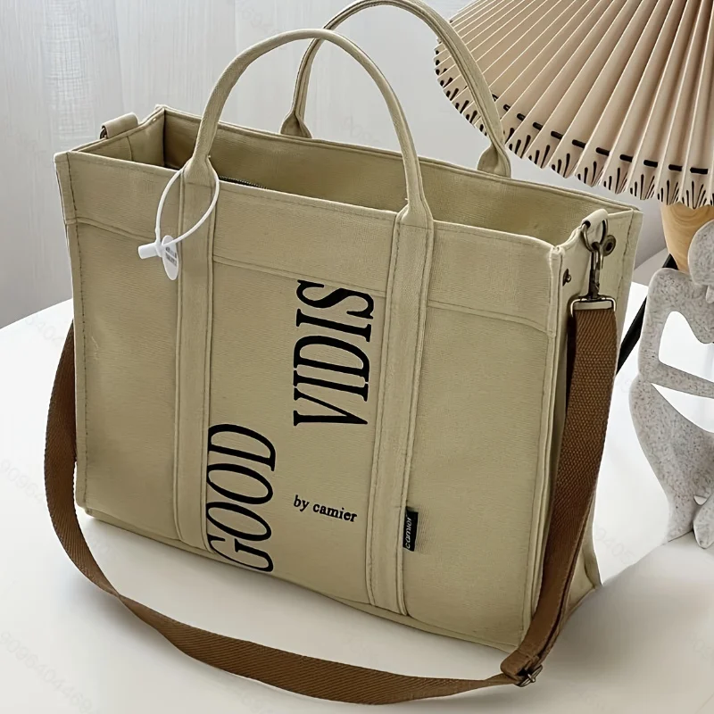 

Letter Print Canvas Tote Bag, Comfortable Wide Strap Shoulder Bag, Literary Versatile Handbag Purse For School, Travel, Shopping