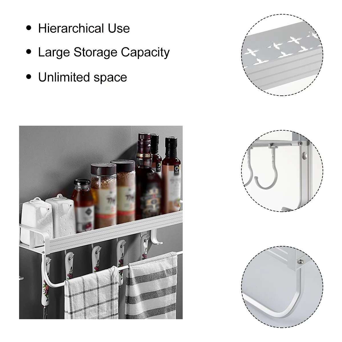 

Kitchen Rack 5 Hooks Aluminium Cookware Organizer Spice Bathroom Finishing Rack Storage Shelf Bathroom Accessory