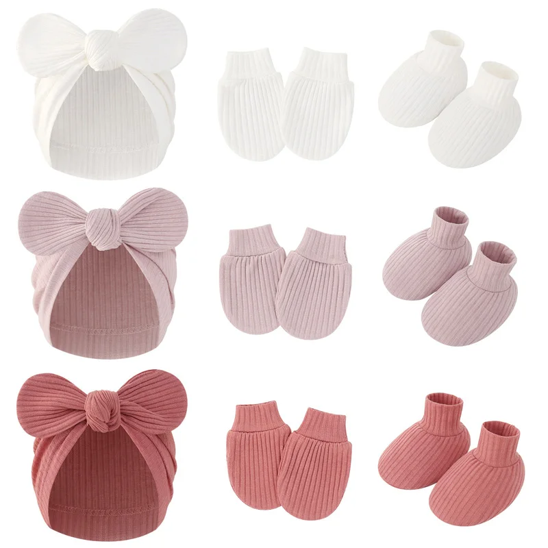 3 Sets Newborn Turban Hat Set Ribbed Baby Beanie Anti Scratch Mittens Booties Toddler Cap Suit Infant Bonnet Accessories 0-6M