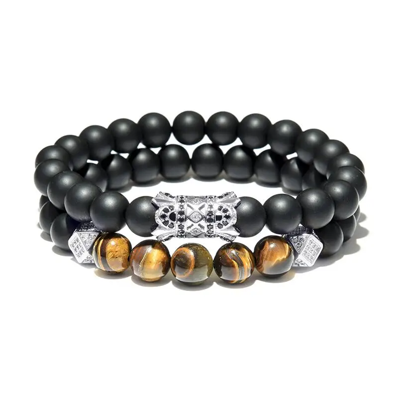 2 Pcs/set Black Natural Stone Beaded Bracelet Men Matte Onyx Tiger Eye Stone Bracelets Male Rhinestone Jewelry Gift