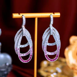 Pera Unique Pink Red Cubic Zirconia Silver Color Long Dangle Multilayer Circles Drop Luxury Wedding Party Earring for Women E641