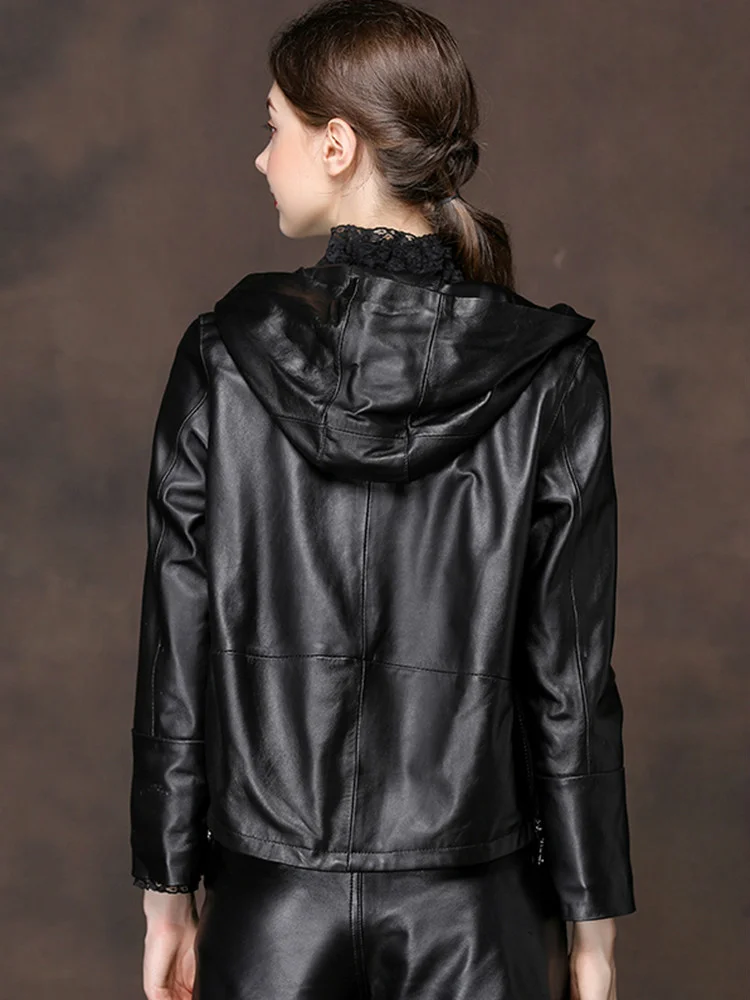 Leather 2023 Real Jacket Women Casual 100% Sheepskin Leather Jacket Spring Autumn Fashion Hooded Cuero Genuino