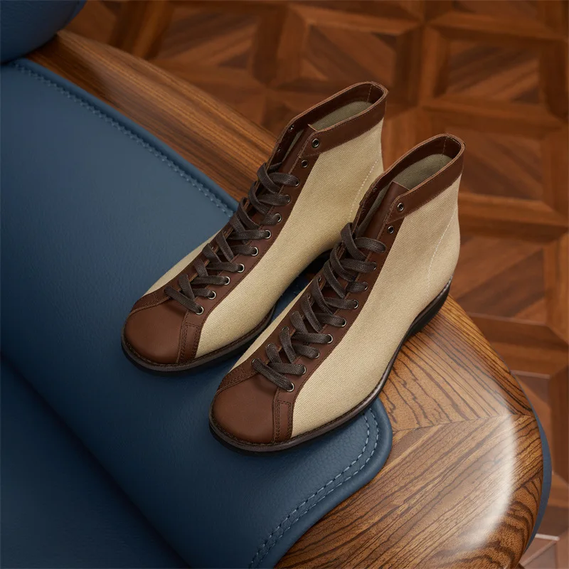 

Men High Top Boots with Leather Splicing Low Heel Retro Casual Classic Versatile Men Boots