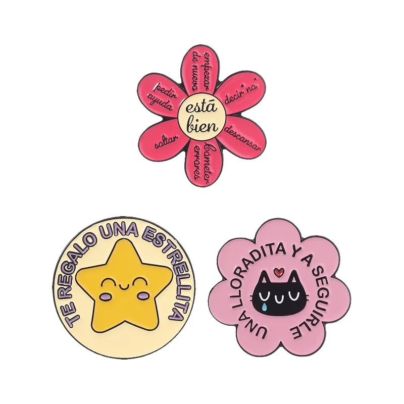 Healing flower star cat pattern badges, Spanish language series alloy pins, accessory for clothing and bags, gift for friends
