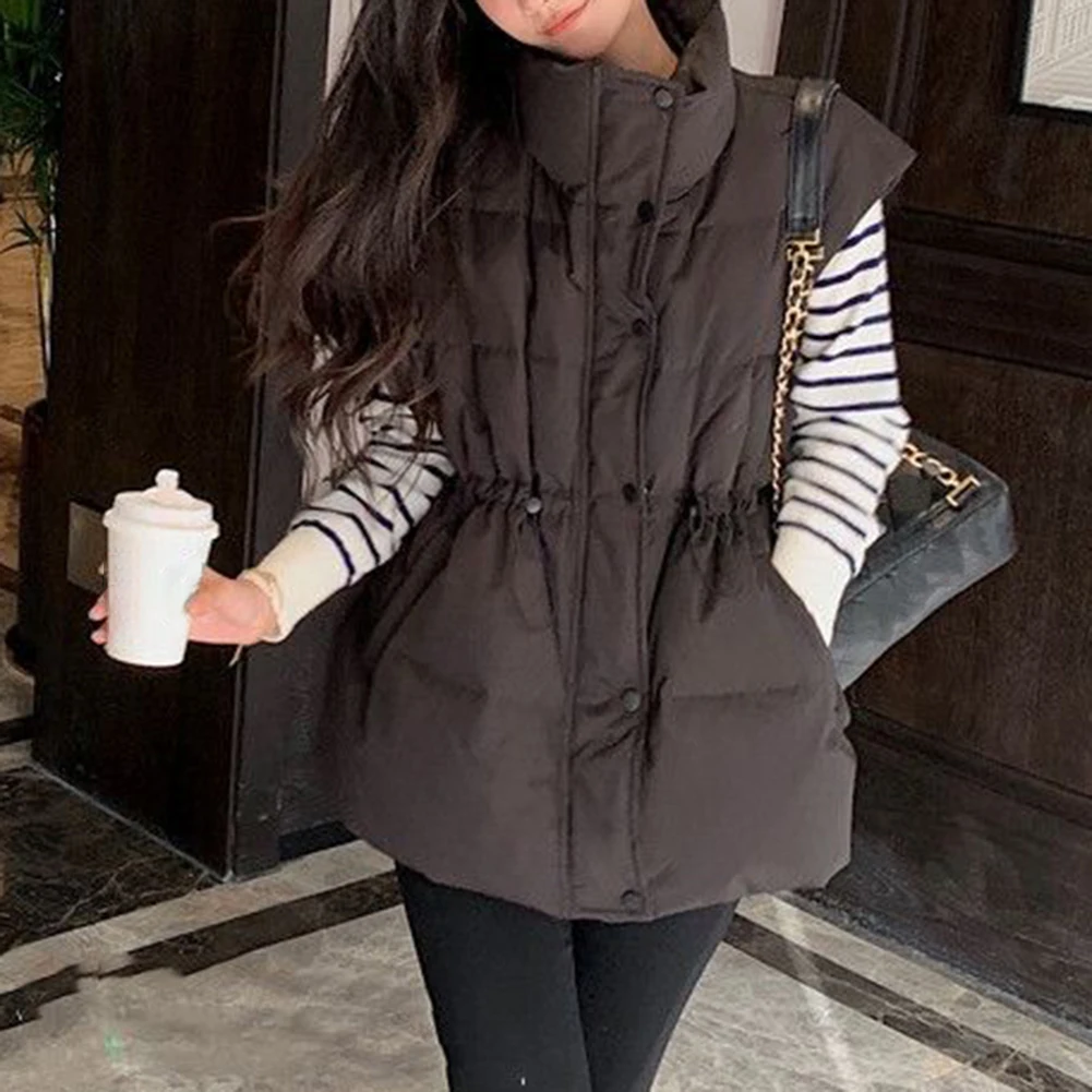 For Versatile Outerwear Gathered Waist Jacket Women Down Vest For Daily Commute S M Pure Color Sleeveless Coat