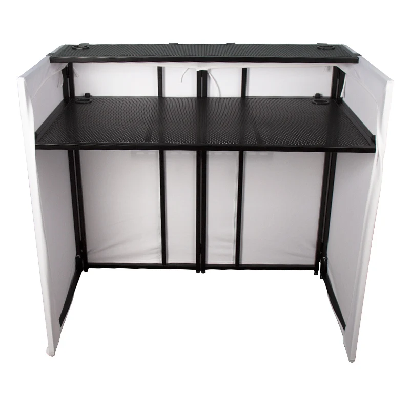 전문가용 접이식 DJ 부스 스탠드 (블랙 스크림 및 TV 브래킷 포함, 이벤트용 고강도 스틸 프레임)