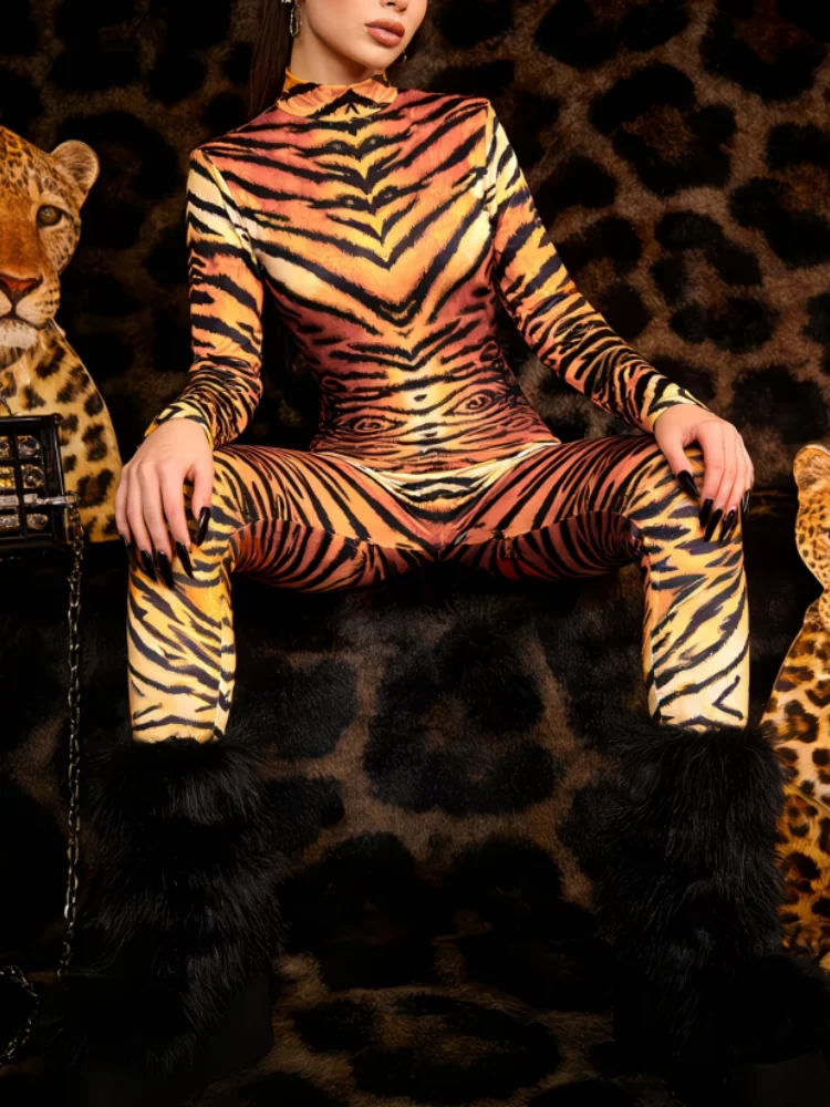 Damen Leoparden-Catsuit, eng anliegender Jumpsuit, Cosplay-Outfit, Halloween, Dschungel-Tier-Thema, Rave, Nachtclub, Tanz, Bühnenkostüm – Detail 11