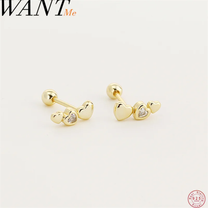 WANTME 925 Sterling Silver Sweet Cute Love Heart Screw Bead Stud Earrings for Women Fashion Romantic Ear Bone Piercing Jewelry