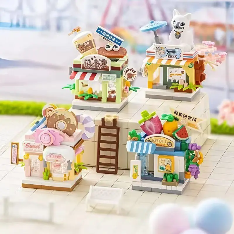 

Creative City Street View Micro Diamond Block Toys Pets Coffee Fruit Shop Nanobricks Candy Store Streetscape Building Bricks