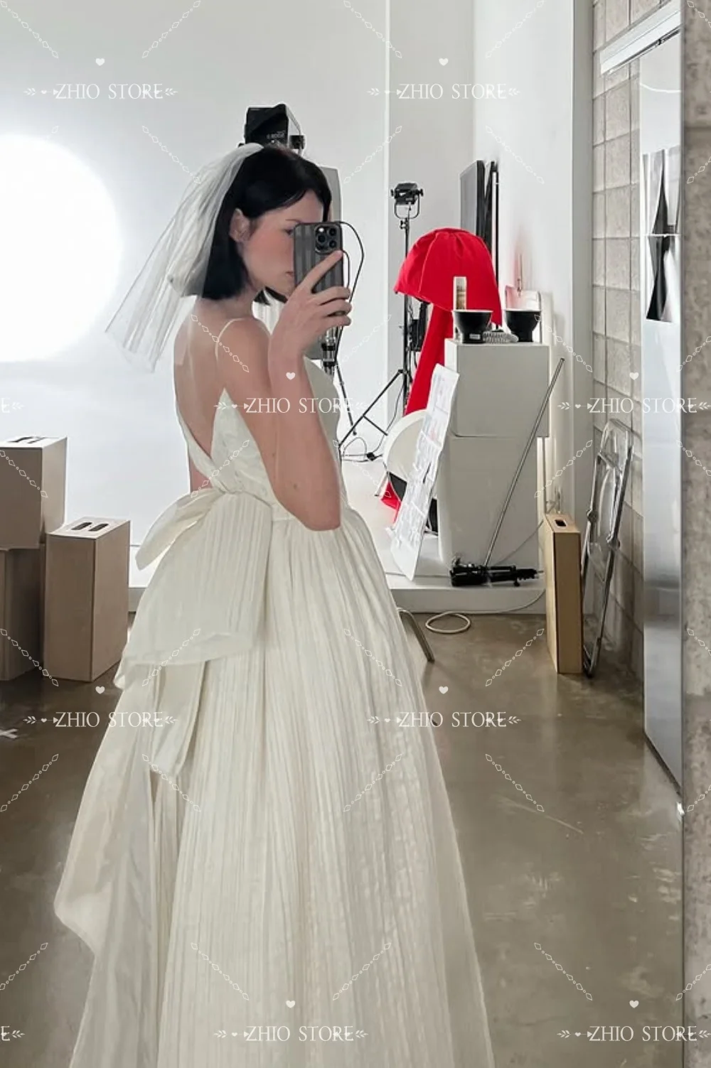 ZHIO Unique Backless Ivory Pleat Wedding Dresses Korea PhotoShoot Spaghetti Strap Floor Length Bridal Gowns Sleeveles Customized