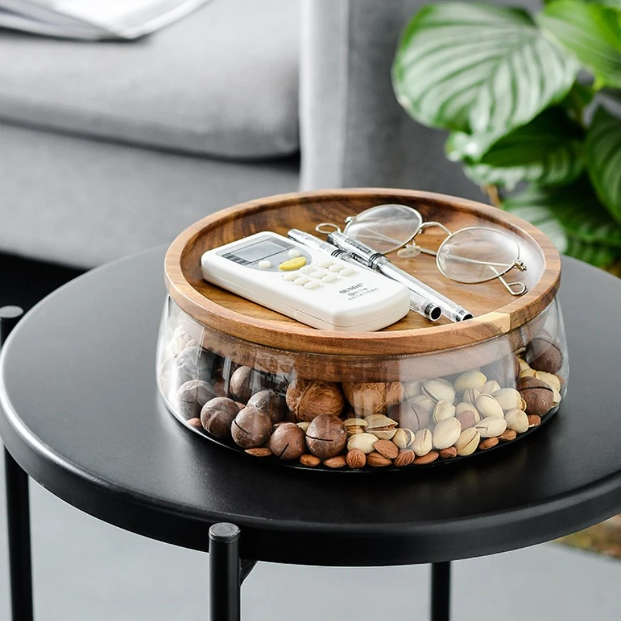Glass Food Storage Fruit Tray with Wooden Cover Nut Candy Fruit Organizer for Coffee Table Dry Fruit Bowl Kitchen Storage 2