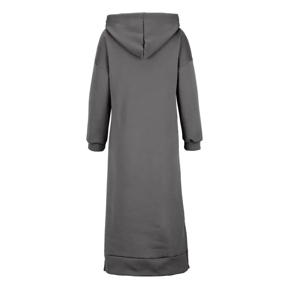 Women Hoodie Dress Elegant Maxi Dress with Hooded Sweatshirt Design Women\'s Autumn Winter Solid Color Long Sleeve Dress