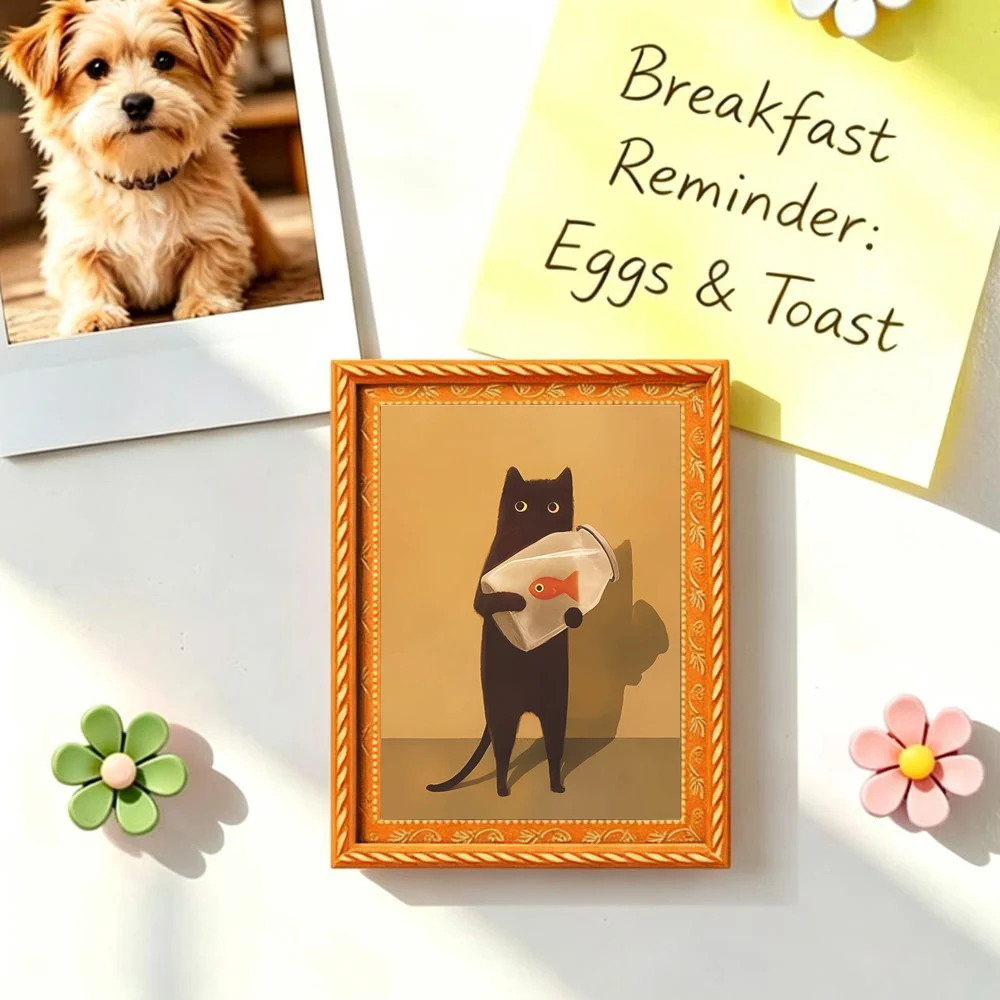 1 Piece of Cute Little Black Cat That Steals Fish, Retro Picture Frame Fridge Magnet, Personalized and Fun Magnetic Sticker, Home Decoration Gift for Cat Lovers, Fun and Creative Kitchen Fridge Decoration Gift