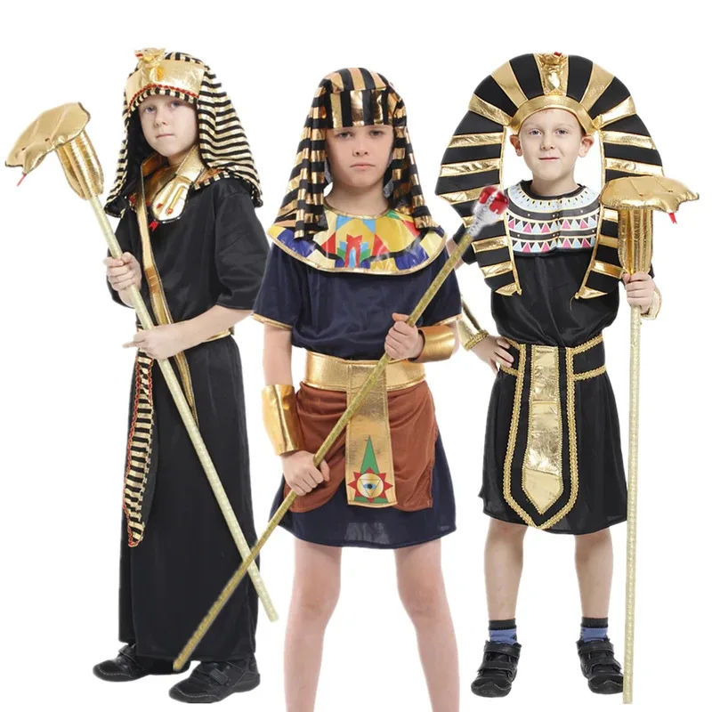 

Kids Halloween Costume Ancient Egypt King Pharaoh Emperor Cosplay Outfits Glossy Gold Fancy Clothes Children Party Dress Up