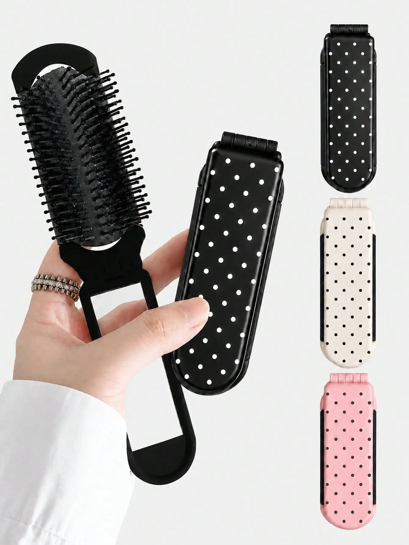 New Polka Dot Pattern 2-In-1 Folding Mirror & Scalp Massage Comb - Mini Lightweight Pocket Hairbrush, Foldable Design With Built-In Small Mirror, Compact Portable Styling Comb For Women, Unisex, Suitable For Travel, Outdoor, Sports SH260811160239596519840