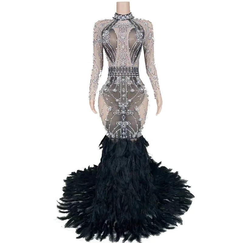 Halloween Performance Outfit Long Train Feather Dress Singer Party Show Shining Wear Stage Rhinestone Costume