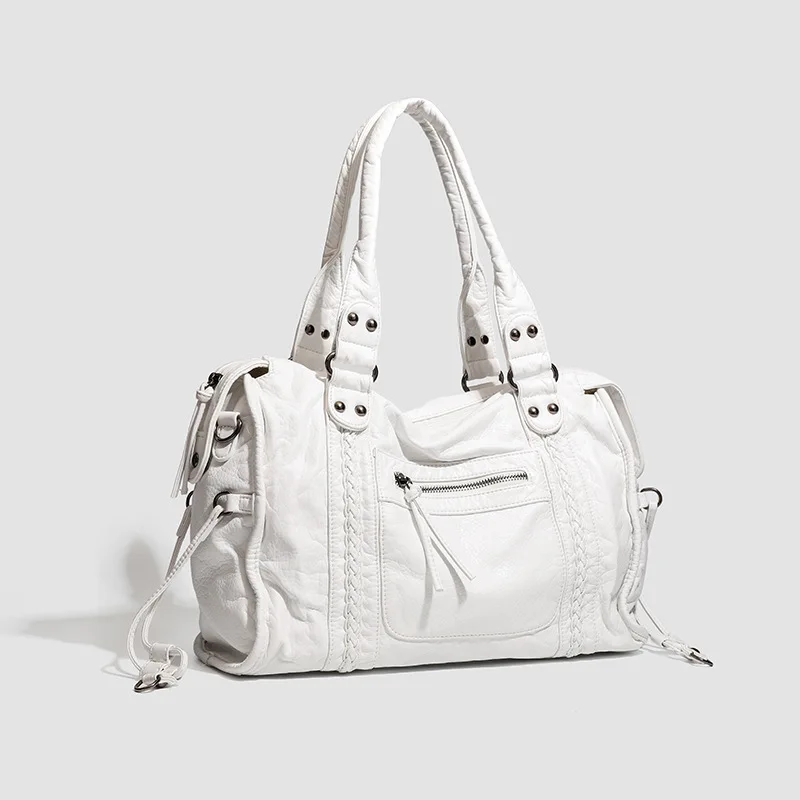 سعة كبيرة حقيبة دراجة نارية خمر الفرنسية الرجعية الكتف Crossbody حمل حقيبة المرأة حقيبة مغسولة بطانة البوليستر الناعمة #2