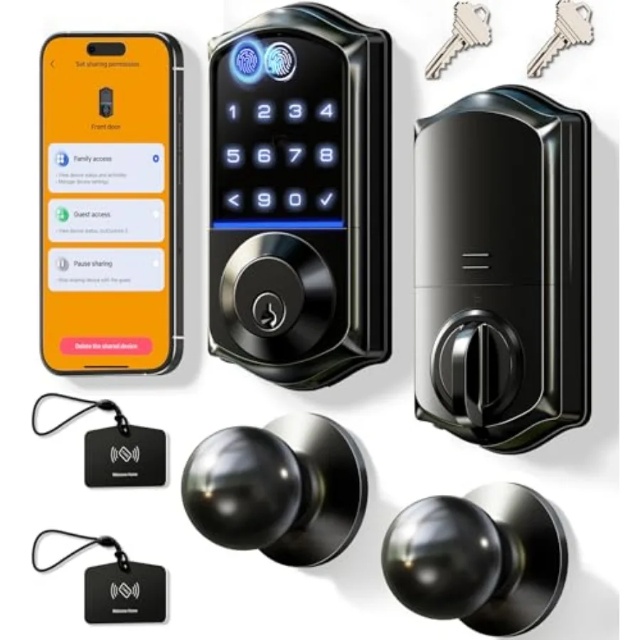 

VE017-K Fingerprint Smart Lock with 2 Knobs, App Control, Keyless Entry Front Door Lock Set, Electronic Touchscreen Keypad Dead
