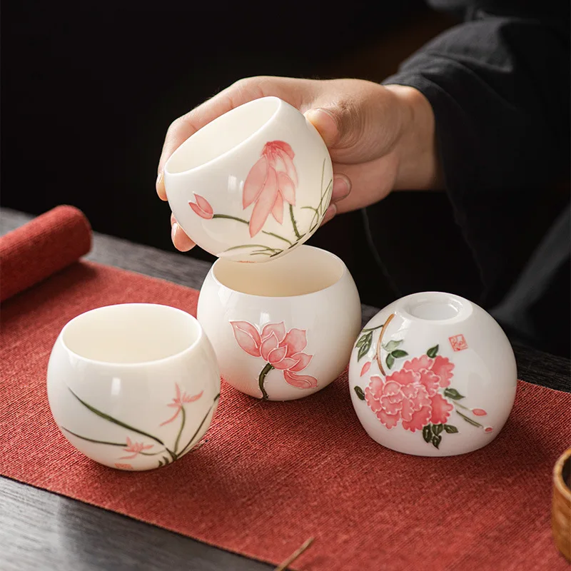 Ceramic Hand-painted Master Cup Jadeite Relief Tea Cup Ceramic Dragon Egg Cup Household Chinese Style Tasting Cup Kung Fu Tea Cu