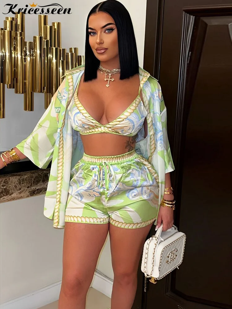 

Kricesseen New Chic Tie Front Printed Shirt Top And Matching Shorts Set 3 Pieces Outfits Summer Swimsuits Set Vacation Outfits