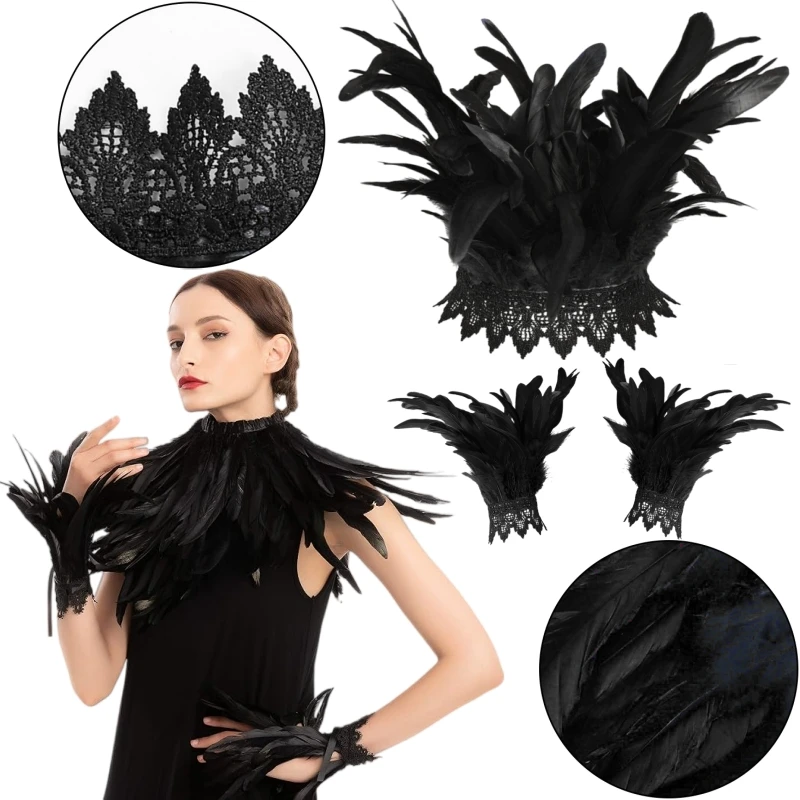 Victorian Style Feather Lace Collar Feather Wrist Cuffs Halloween Costume