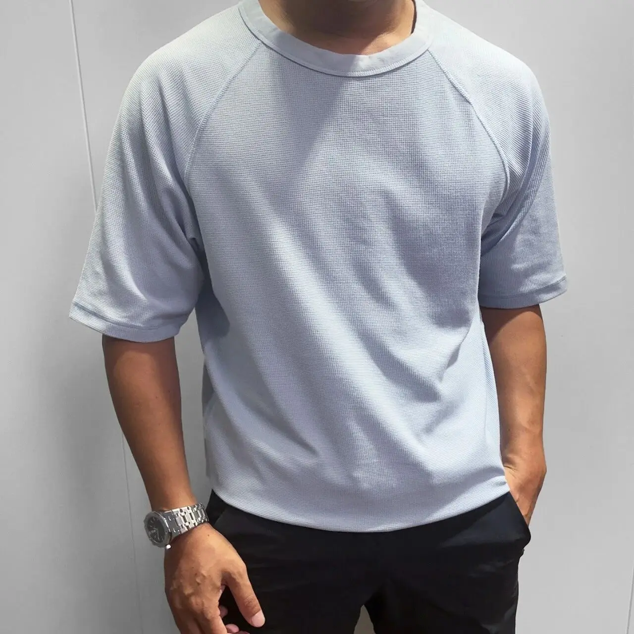 Washed Waffle Pattern Quick Dry Loose Fit Summer T-Shirt Unisex Breathable Casual Style Polyester Fiber round Neck Short Sleeve