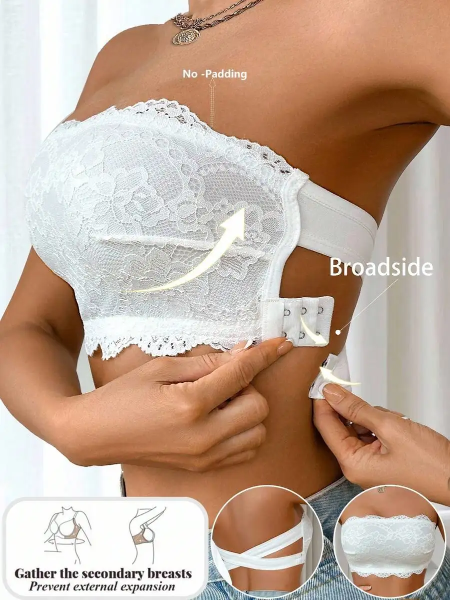 1pc Women Lace Wireless Bandeau Bra High Stretch Soft Breathable Removable Pads Strapless Comfort Daily Lingerie
